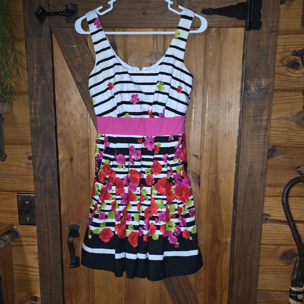 As U Wish Black and White Striped Dress With Sweet Floral Print Size 3